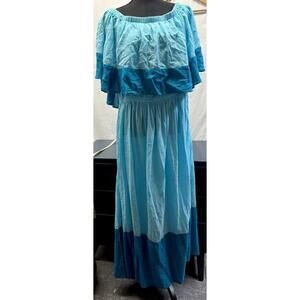 Maxi Dress Beach Sun Coverup 18/20 Blue Teal Off Shoulder Cotton Gauze Resort